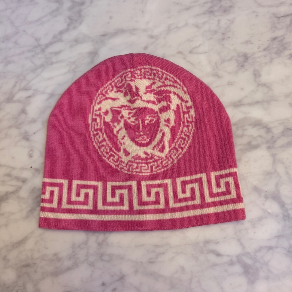 Versace Unisex Pink & White Logo Tape 100% Wool knitted beanie hat